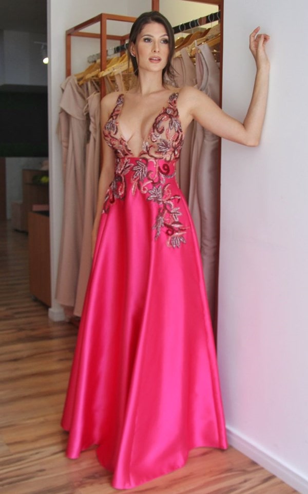vestido de festa longo pink bordado