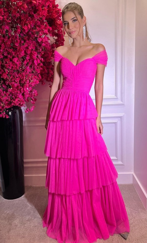 vestido de festa rosa neon de tule
