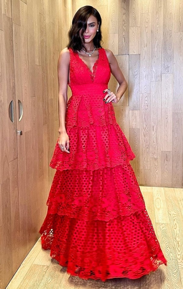 vestido de festa longo vermelho em renda guipi Agilita