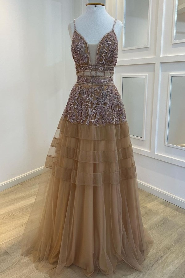 vestido de festa longo nude bordado