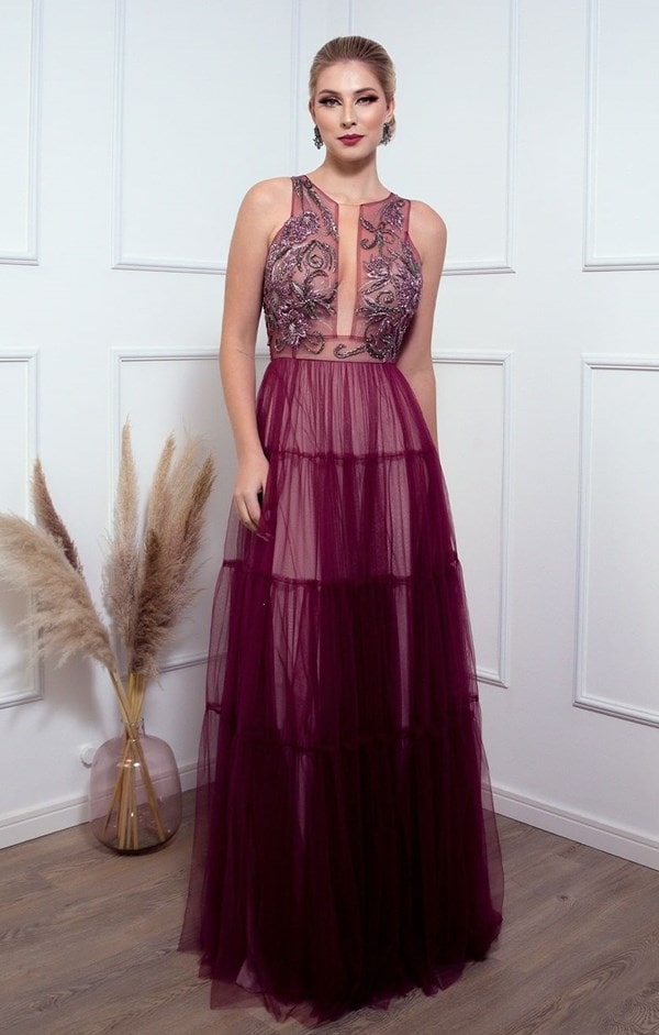 vestido de festa longo vinho para madrinha de casamento