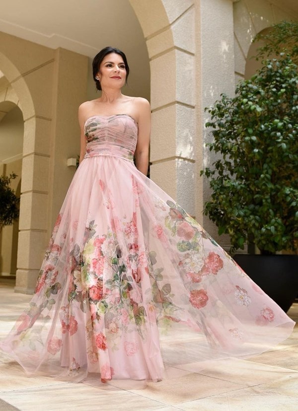 vestido de festa rose estampado para madrinha de casamento ou convidada 