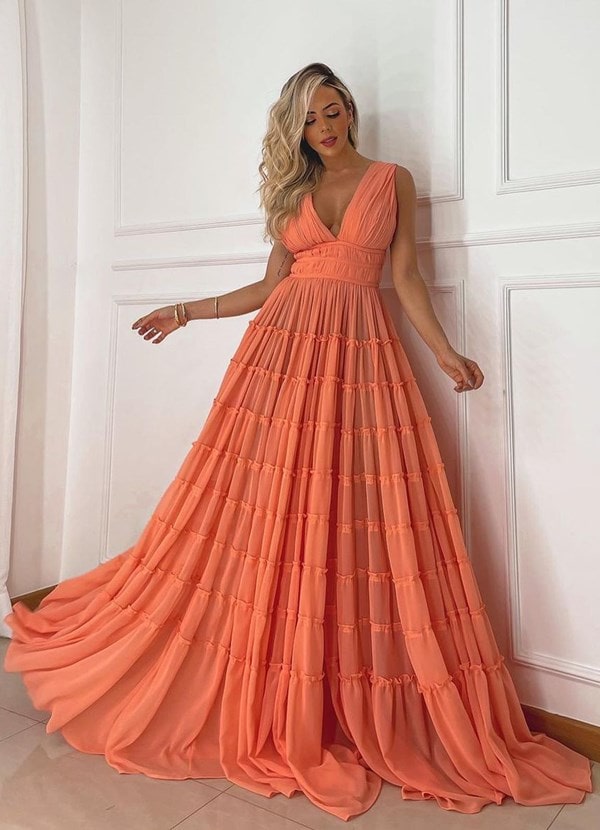 Vestido longo laranja fluido