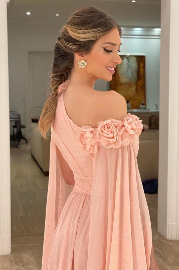 vestido de festa longo rose com bordado de rosas 3D