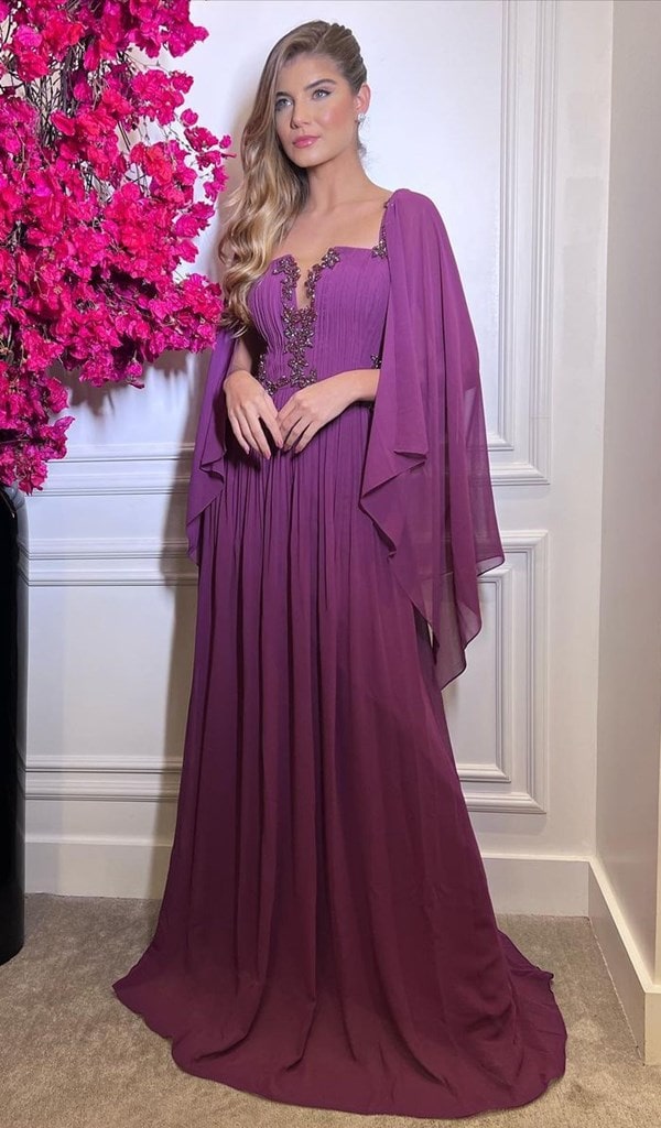 vestido longo violeta para mãe da noiva
