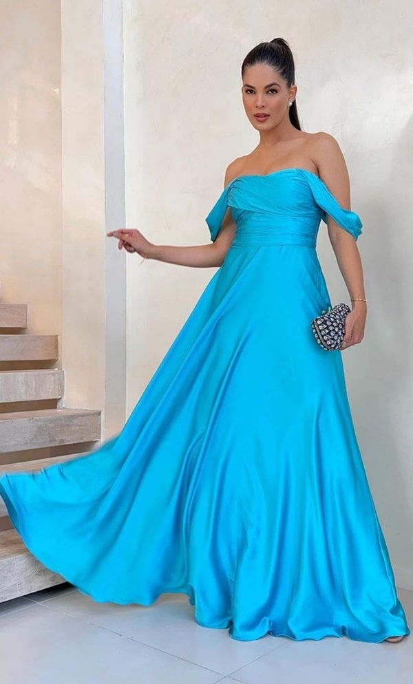 vestido de festa longo azul turquesa para madrinha de casamento