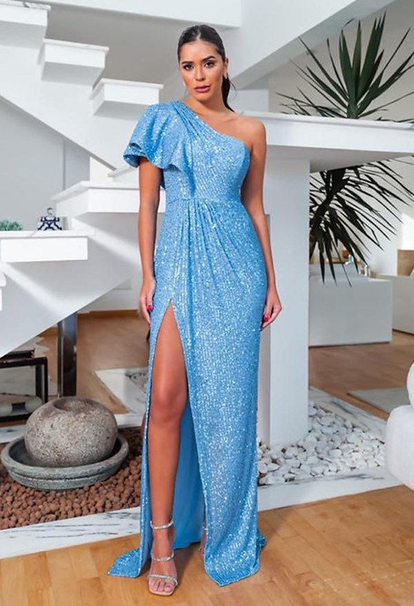vestido longo azul serenity de paete modelo um ombro só