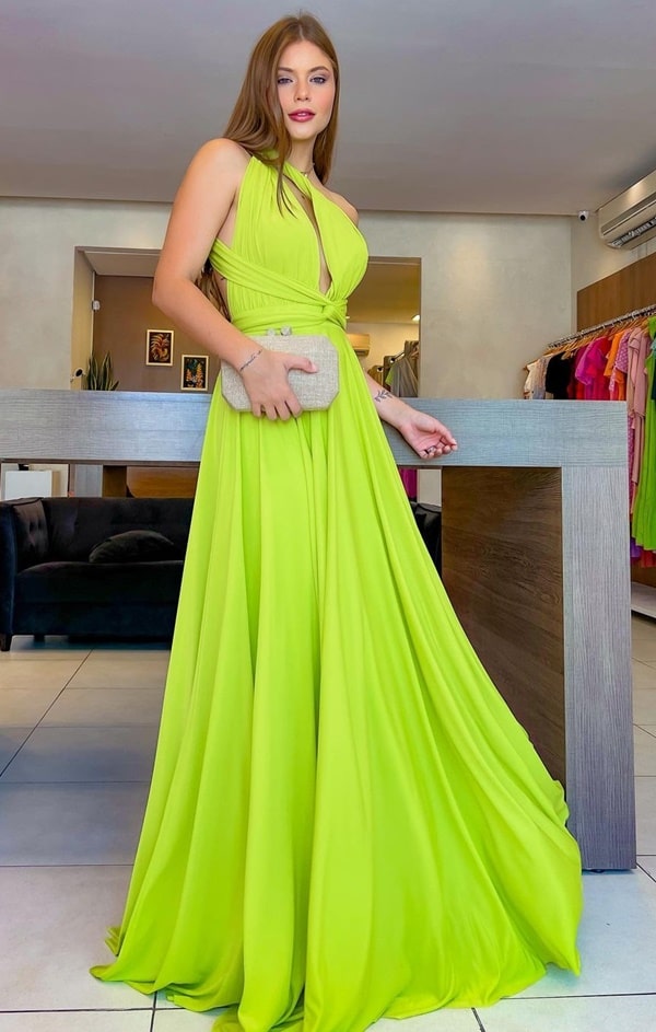 vestido de festa longo verde lima modelo multiformas vários jeitos de amarrar