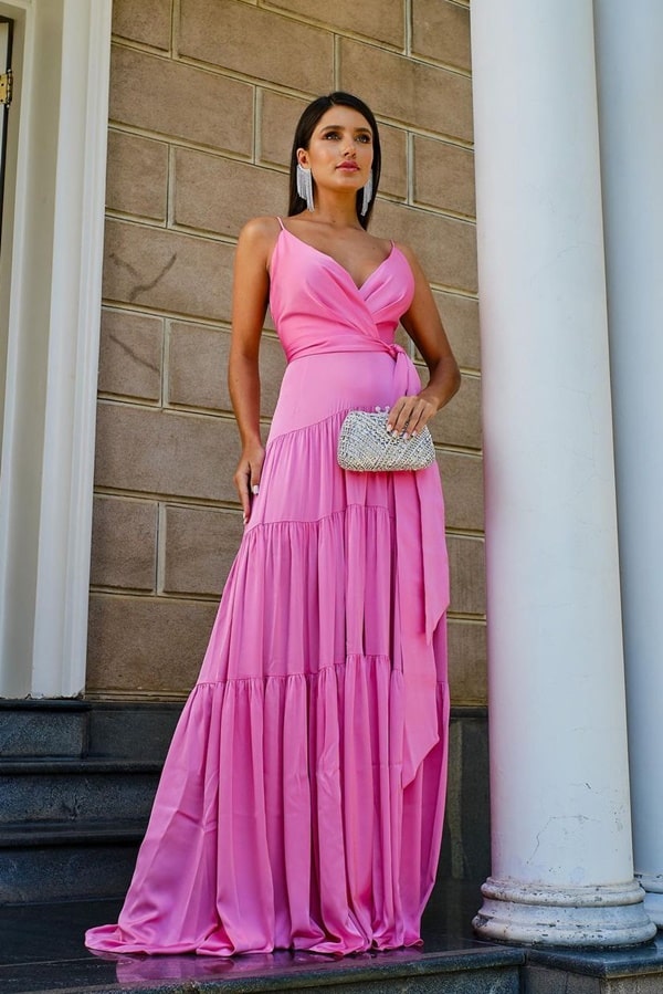 vestido longo rosa chiclete simples