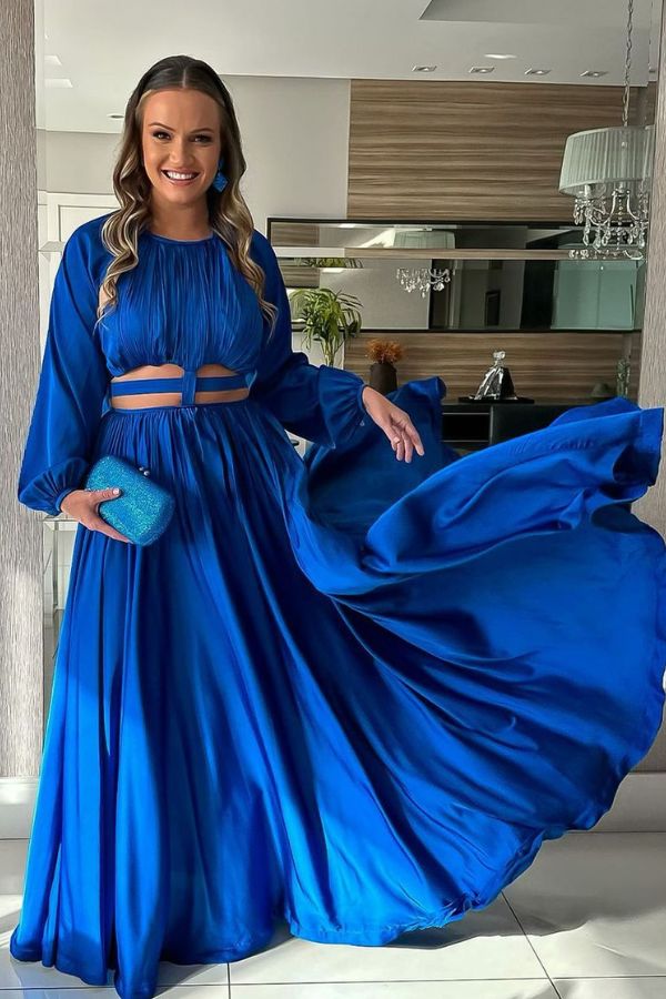 vestido de festa longo azul royal com ma nga longa