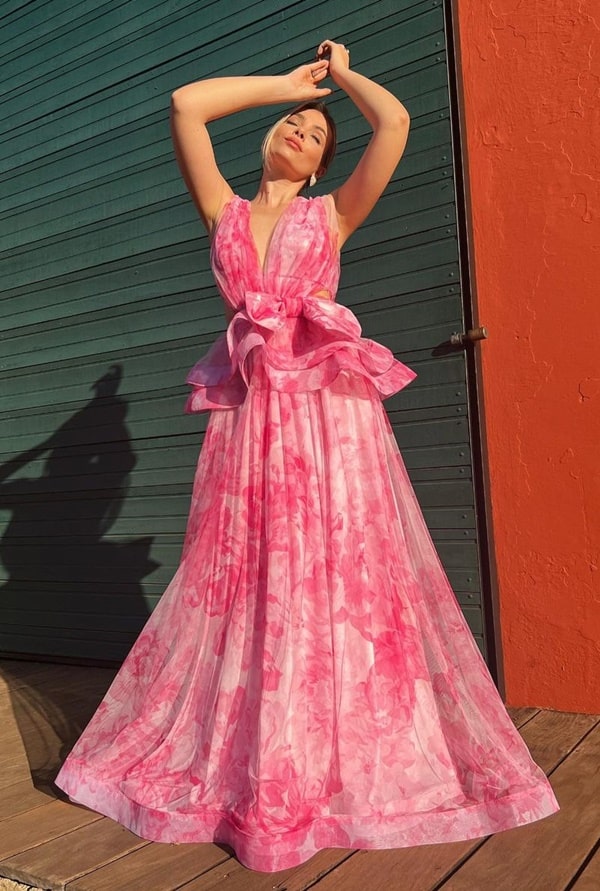 vestido de festa estampado rosa longo