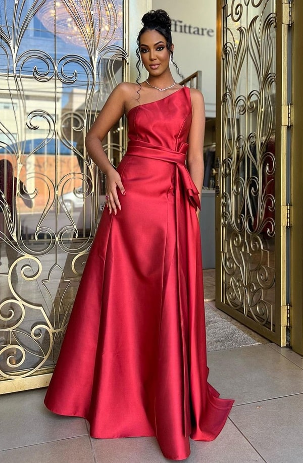 vestido de festa longo vermelho de zibeline modelo um ombro