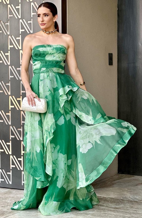 vestido de festa longo verde com estampa floral