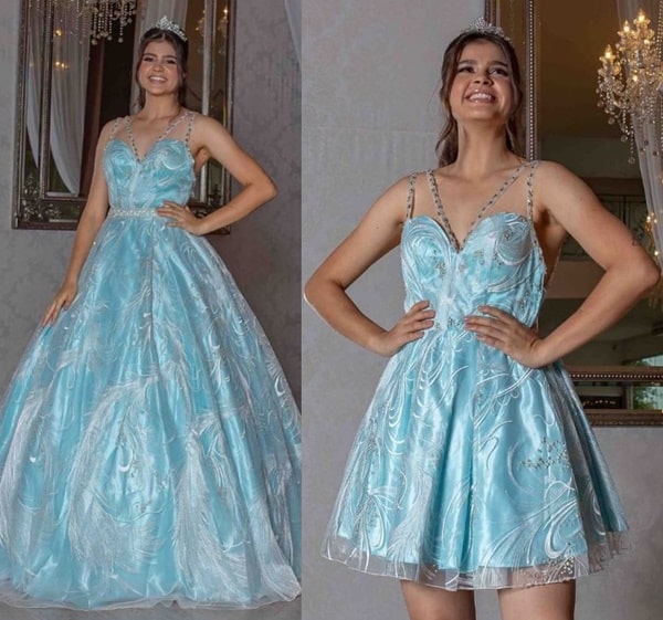 vestido debutante 2 em 1 azul claro