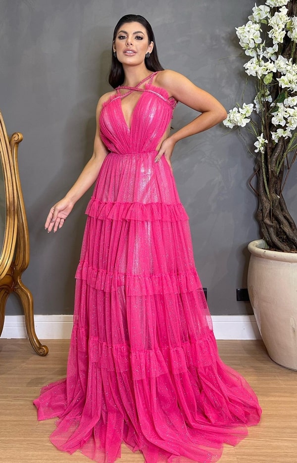 vestido de festa longo rosa pink com brilho para madrinha de casamento