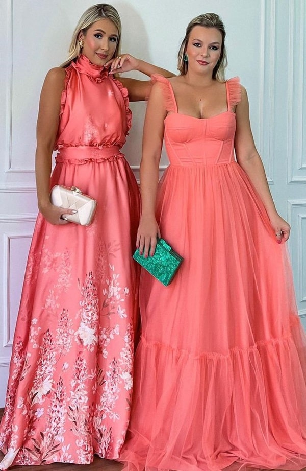 vestido coral para madrinha de casamento dia