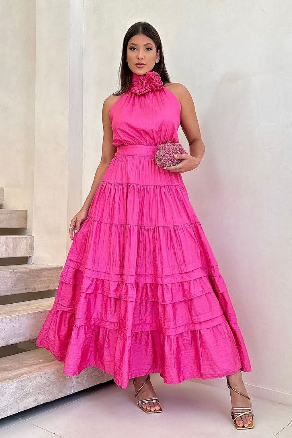 vestido longuete pink para convidada de casamento dia ou eventos sociais diurnos