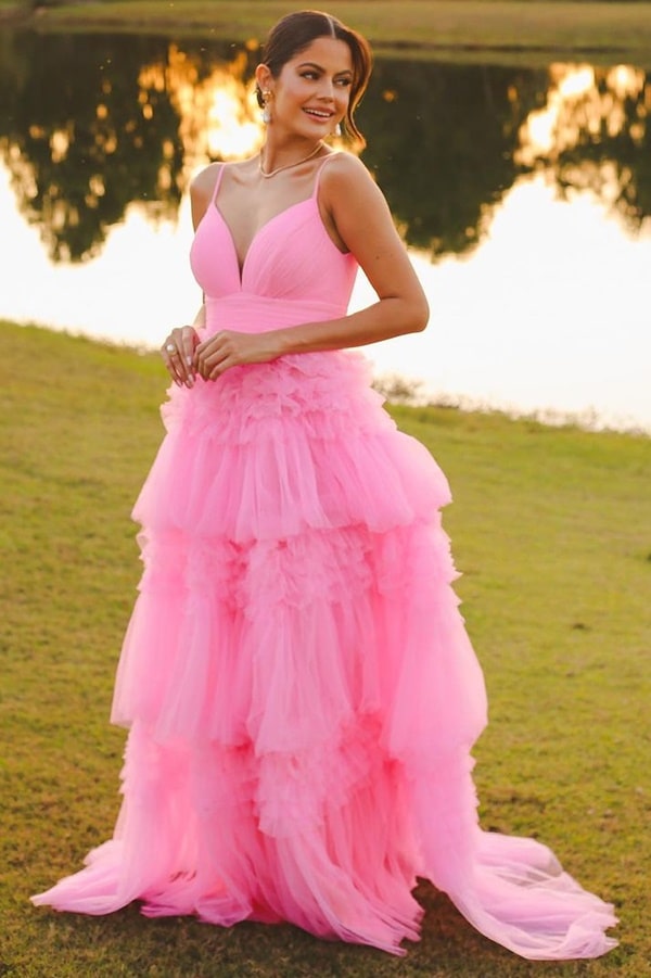 vestido de festa longo rosa chiclete de tule