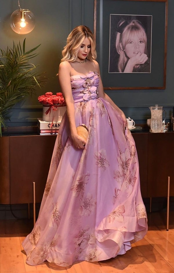 vestido de festa longo lilás estampado