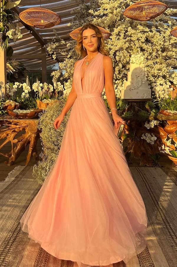 vestido longo rose de tule fluido