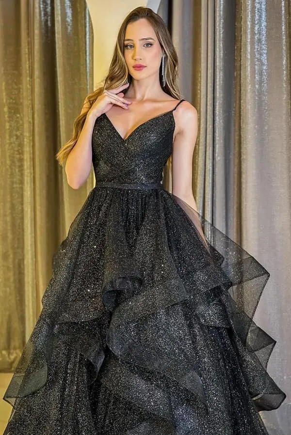 Vestido de debutante preto com brilho glitter e saia em camadas, vestido para festa de quinze anos