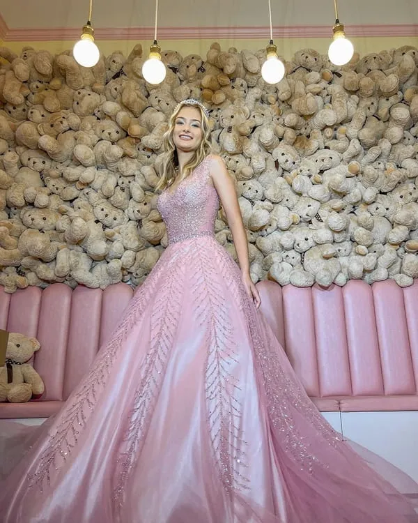 vestido de festa longo rosa estilo princesa com brilho para debutante festa de 15 anos