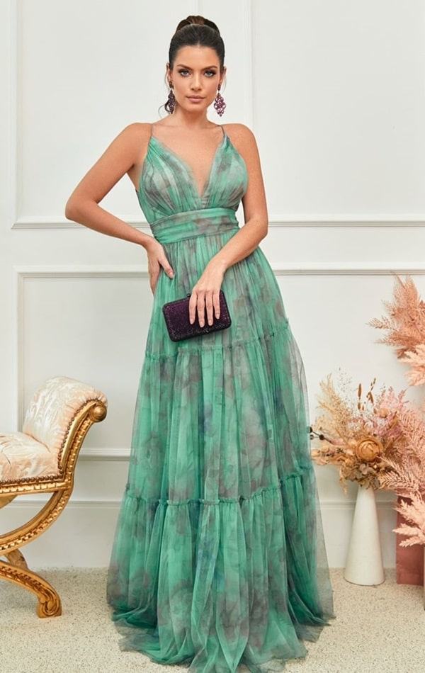 vestido de festa longo verde com estampa floral