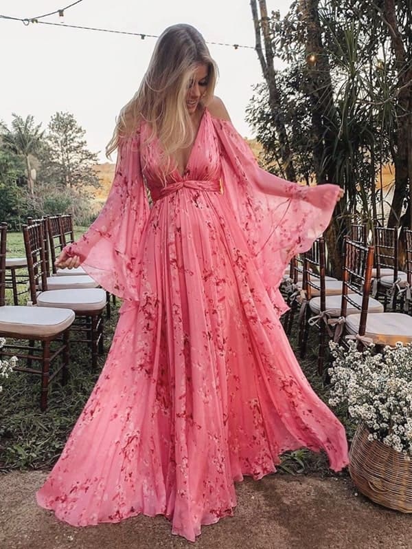 vestido de festa longo rosa estampa floral