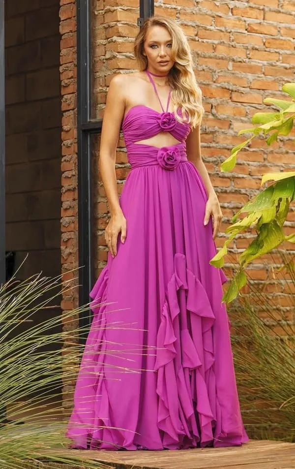 vestido longo fúcsia com flores de tecido para convidada de casamento dia