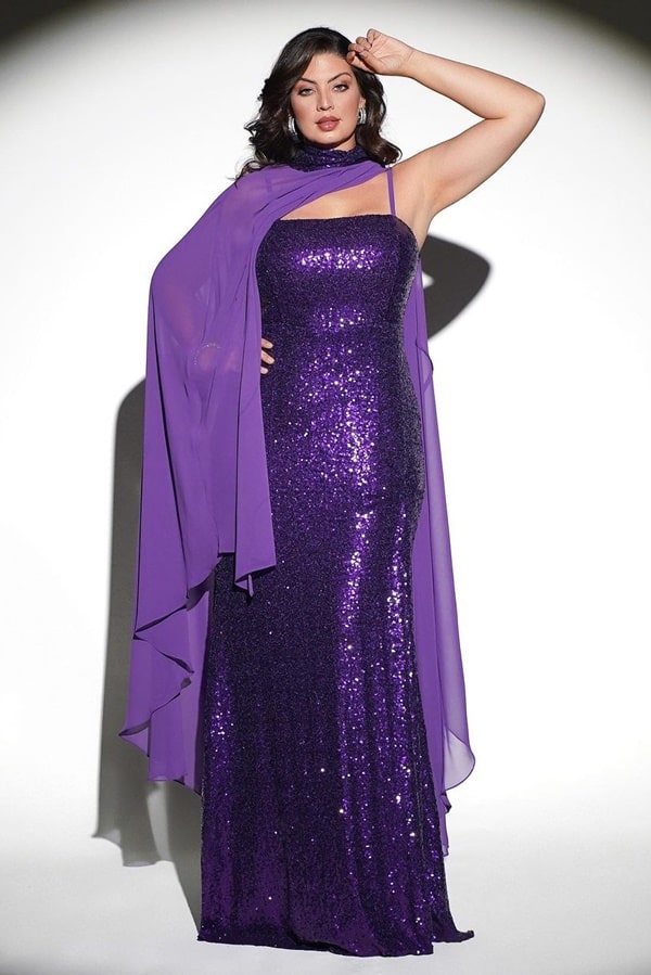 vestido de festa longo roxo justo bordado em paetês