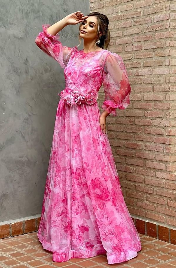 vestido de festa longo estampado com manga longa, vestido rosa com manga longa de tule e cinto de flores #D