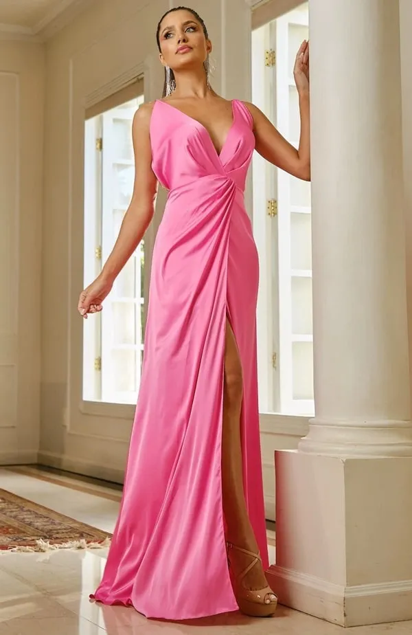 vestido longo rosa chiclete justo