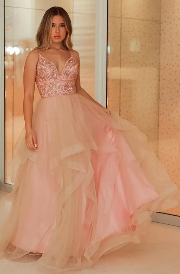 vestido rose bordado para debutante