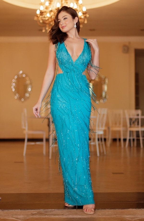 vestido de festa longo azul tiffany justo com franjas