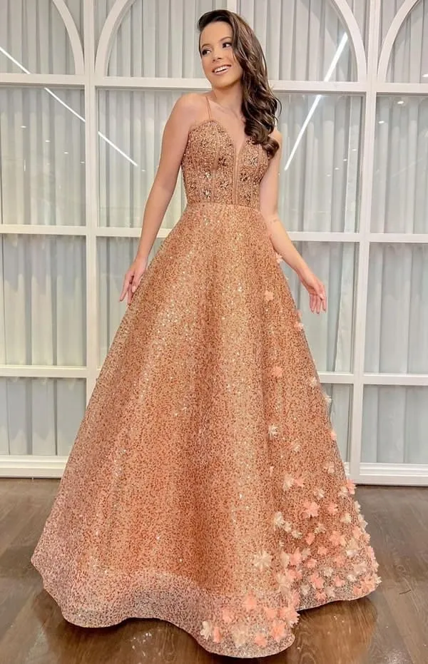 vestido longo dourado rose gold  com glitter para debutante