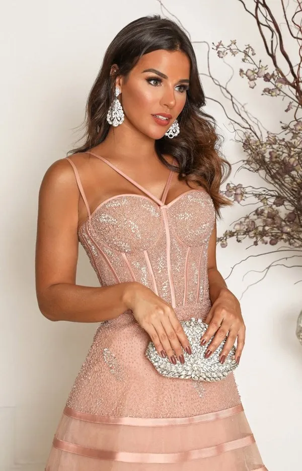 vestido longo rose com corselete bordado e estruturado com barbanas