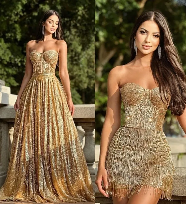 vestido dourado 2 em 1 para debutante, o vestido longo possui saia de glitter e corselete e o curto possui saia com franjas