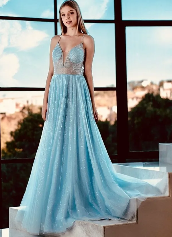vestido longo azul serenity com brilho