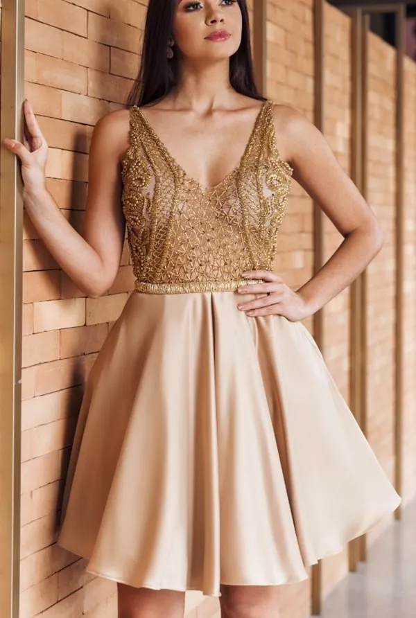 vestido de festa curto dourado para debutante