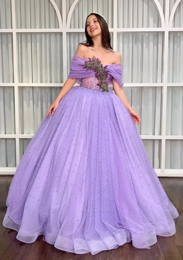 vestido de festa longo lavanda bordado para debutante