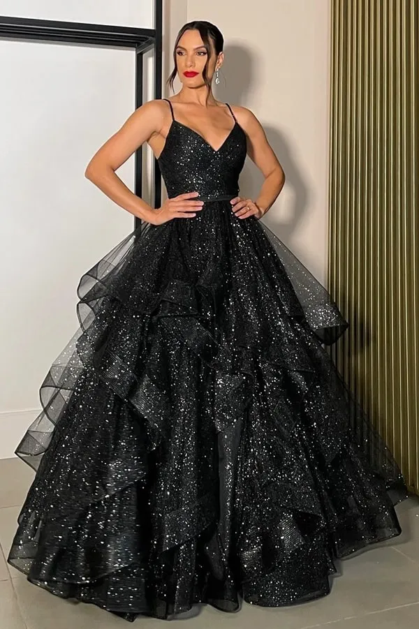 vestido estilo princesa preto em tulle glitter para debutante festa de 15 nos