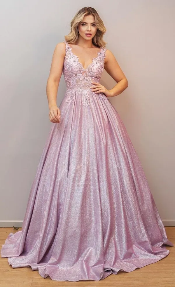 vestido de festa longo rosa com brilho no tecido debutante 15 anos