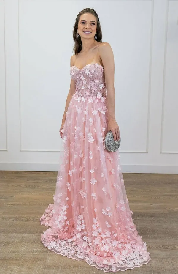 vestido de festa longo rosa com flores 3D para15 anos debutante