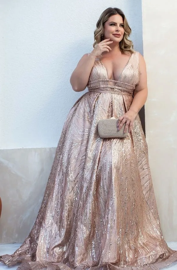 vestido de festa plus size longo rose gold