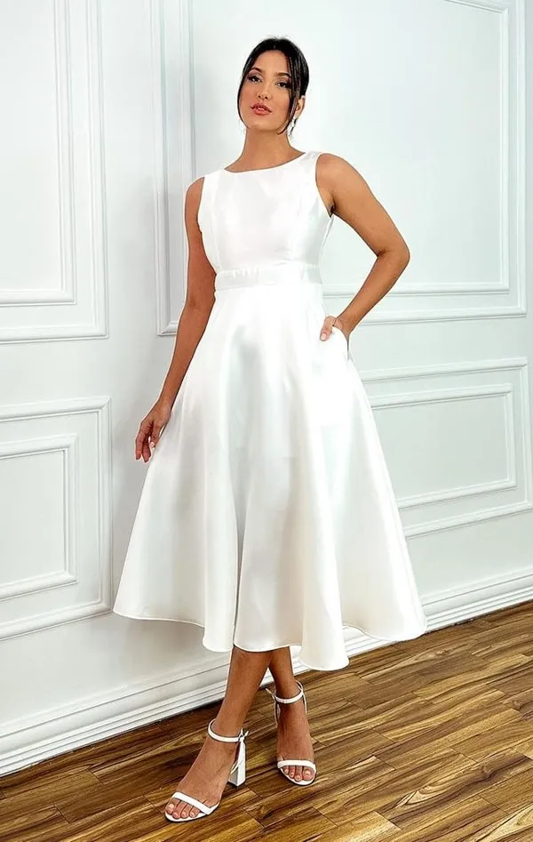 vestido branco midi liso para noiva casamento civil