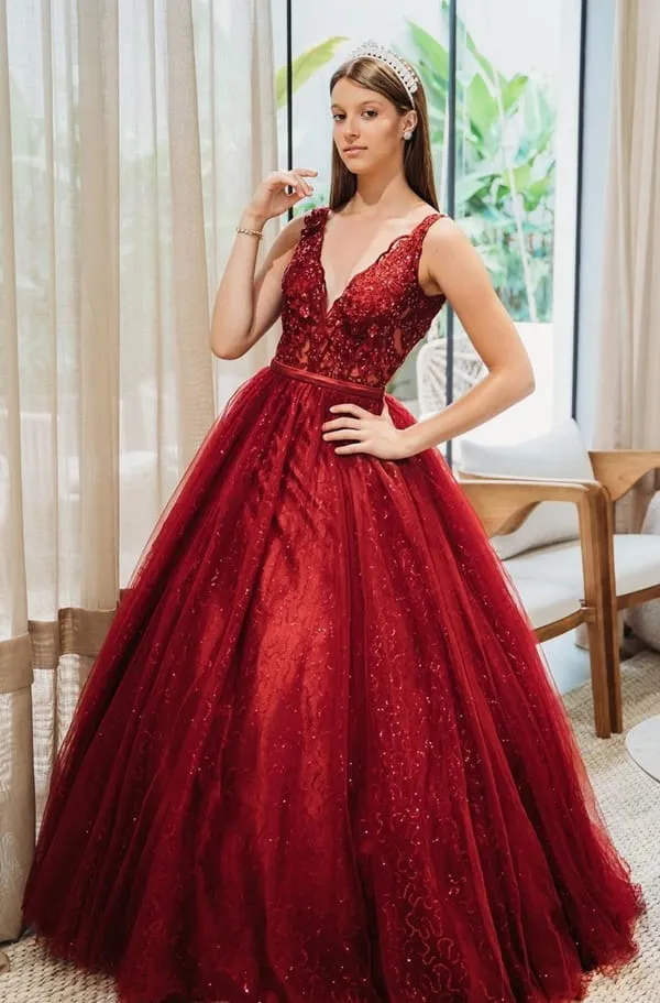 vestido vermelho para debutante, vestido modelo princesa com brilho