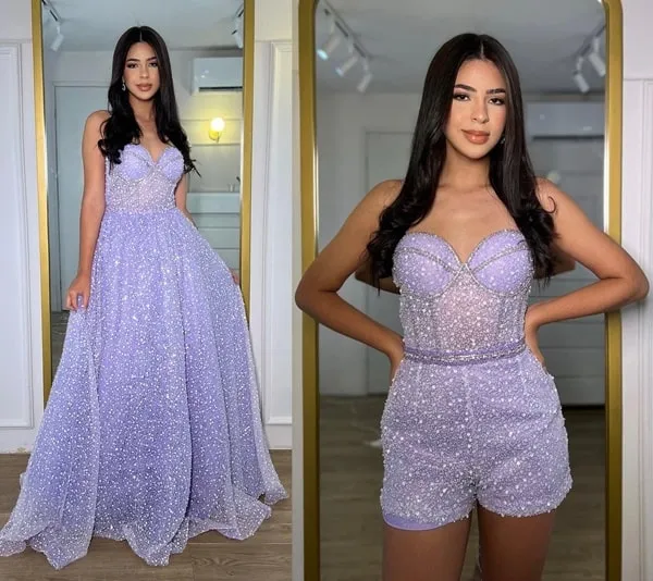 vestido 2 em 1 lavanda para debutante, vestido com saia longa estilo princesa e macaquinho