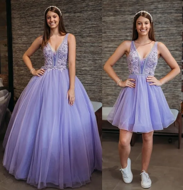 vestido lilás 2 em 1 para debutante, vestido lilás estilo princesa e vestido curto
