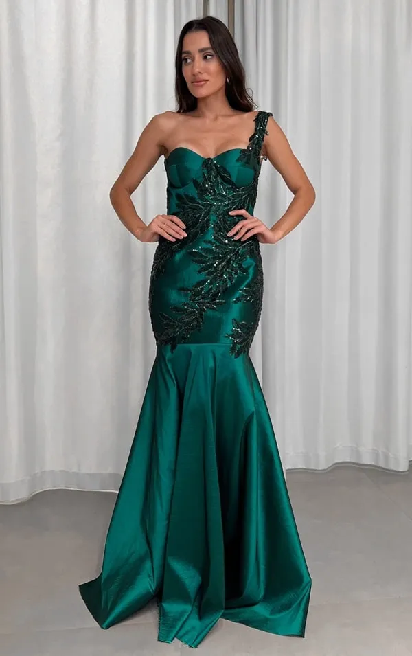 vestido de festa verde esmeralda  modelo sereia para formanda