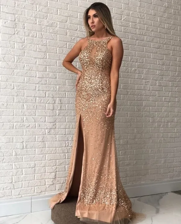 vestido de festa dourado longo